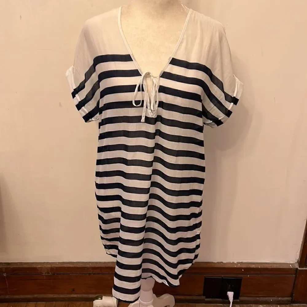 J Crew navy white striped sheer cotton cover up Size XXS EUC